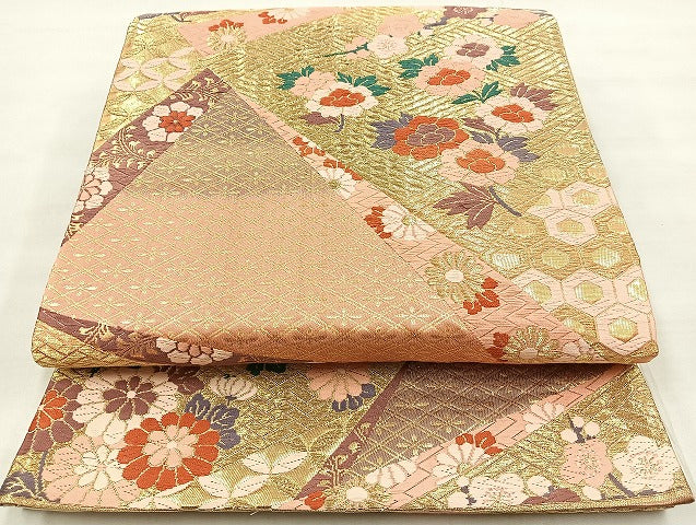 平和屋着物◎西陣 六通柄袋帯 唐織 草花文 金糸 正絹 逸品 BAAL4307cm