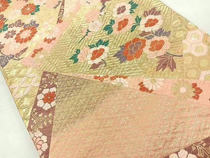 平和屋着物◎西陣 六通柄袋帯 唐織 草花文 金糸 正絹 逸品 BAAL4307cm
