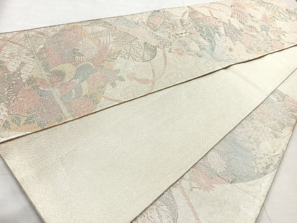 平和屋着物◎900織特選佐賀錦 六通柄袋帯 花鳥文 金銀糸 正絹 逸品 BAAL4316cm
