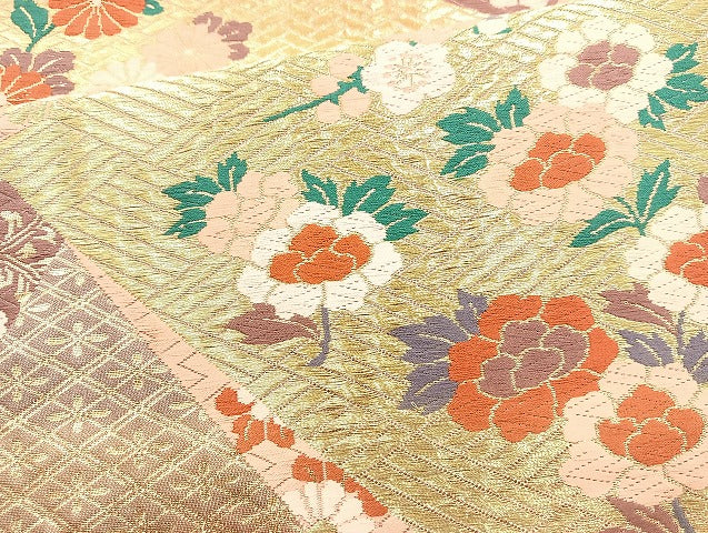 平和屋着物◎西陣 六通柄袋帯 唐織 草花文 金糸 正絹 逸品 BAAL4307cm