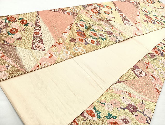 平和屋着物◎西陣 六通柄袋帯 唐織 草花文 金糸 正絹 逸品 BAAL4307cm