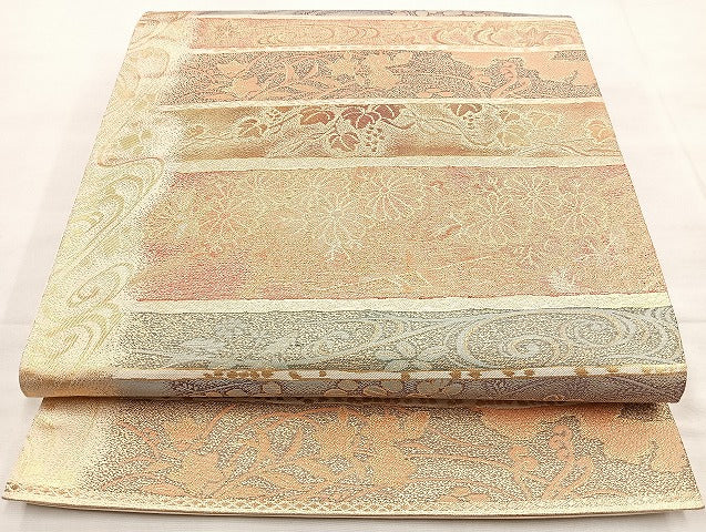 平和屋着物◎六通柄袋帯 横段花文 金糸 正絹 逸品 BAAL4341cm