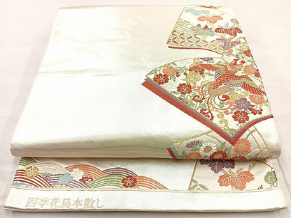 平和屋着物◎太鼓柄袋帯 唐織 四季花鳥本散し 金糸 引箔 正絹 逸品 BAAL4325cm