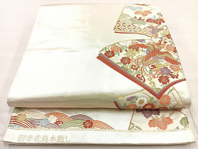 平和屋着物◎太鼓柄袋帯 唐織 四季花鳥本散し 金糸 引箔 正絹 逸品 BAAL4325cm