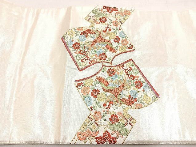 平和屋着物◎太鼓柄袋帯 唐織 四季花鳥本散し 金糸 引箔 正絹 逸品 BAAL4325cm