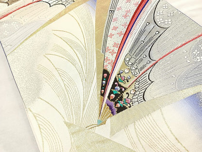 平和屋着物◎六通柄袋帯 唐織 花蝶文 金銀糸 正絹 逸品 BAAL4345cm