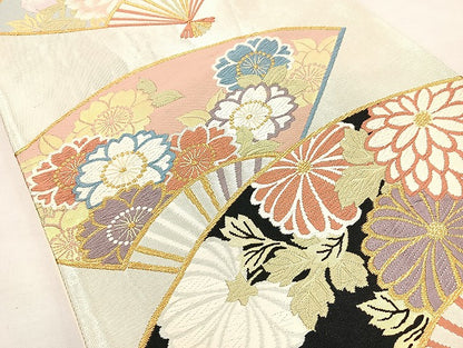 平和屋着物◎六通柄袋帯 唐織 翡翠錦 扇面花文 金糸 正絹 逸品 BAAL4354cm