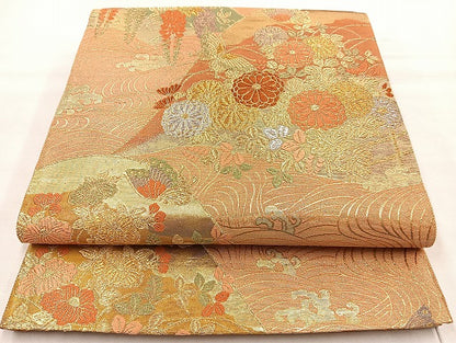 平和屋着物◎六通柄袋帯 唐織 流水花文 金銀糸 正絹 逸品 BAAL4356cm