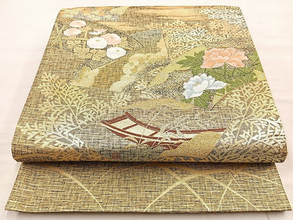 平和屋着物◎六通柄袋帯 唐織 地紙草花文 金糸 正絹 逸品 BAAL4349cm
