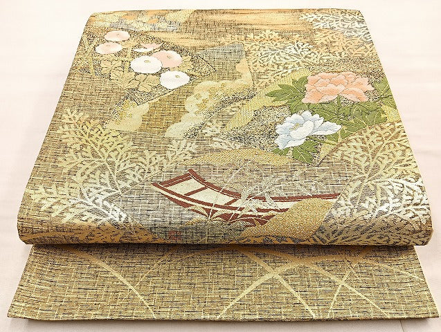 平和屋着物◎六通柄袋帯 唐織 地紙草花文 金糸 正絹 逸品 BAAL4349cm
