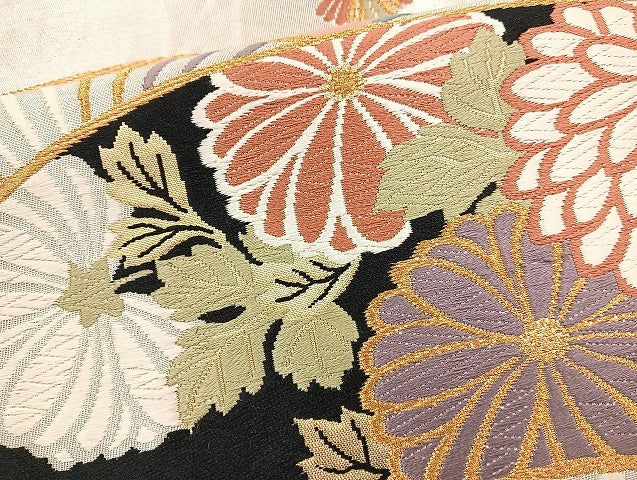 平和屋着物◎六通柄袋帯 唐織 翡翠錦 扇面花文 金糸 正絹 逸品 BAAL4354cm