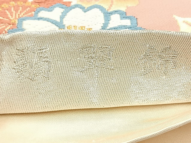 平和屋着物◎六通柄袋帯 唐織 翡翠錦 扇面花文 金糸 正絹 逸品 BAAL4354cm