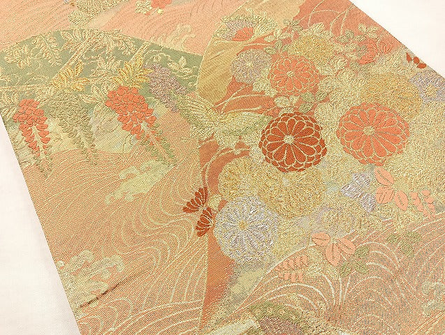 平和屋着物◎六通柄袋帯 唐織 流水花文 金銀糸 正絹 逸品 BAAL4356cm