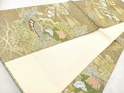平和屋着物◎六通柄袋帯 唐織 地紙草花文 金糸 正絹 逸品 BAAL4349cm