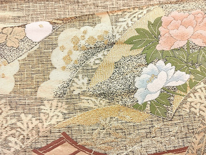 平和屋着物◎六通柄袋帯 唐織 地紙草花文 金糸 正絹 逸品 BAAL4349cm