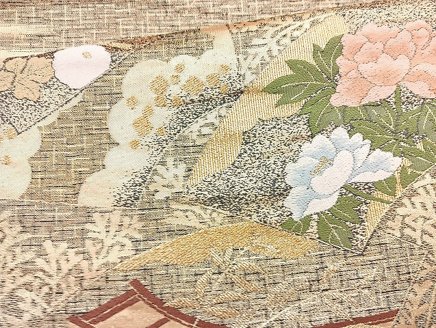 平和屋着物◎六通柄袋帯 唐織 地紙草花文 金糸 正絹 逸品 BAAL4349cm
