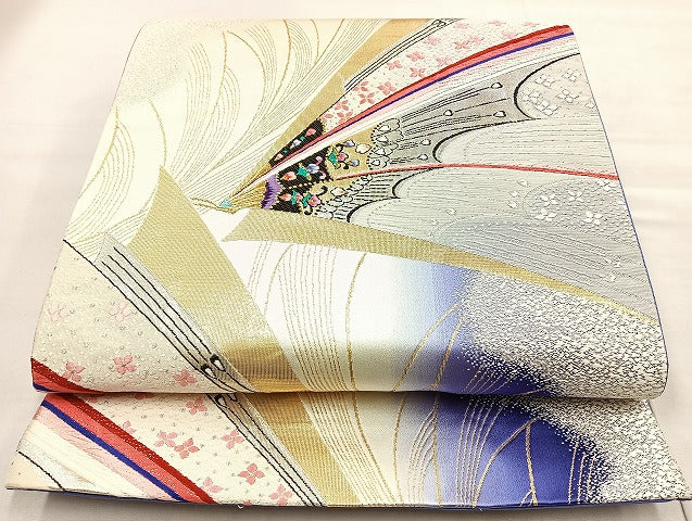 平和屋着物◎六通柄袋帯 唐織 花蝶文 金銀糸 正絹 逸品 BAAL4345cm