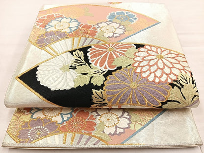 平和屋着物◎六通柄袋帯 唐織 翡翠錦 扇面花文 金糸 正絹 逸品 BAAL4354cm