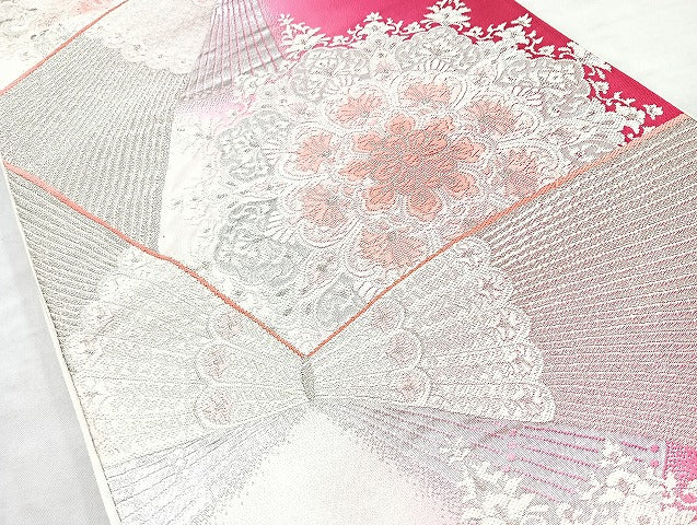 平和屋着物◎六通柄袋帯 唐織 正倉院花文 銀糸 正絹 逸品 BAAL4369cm