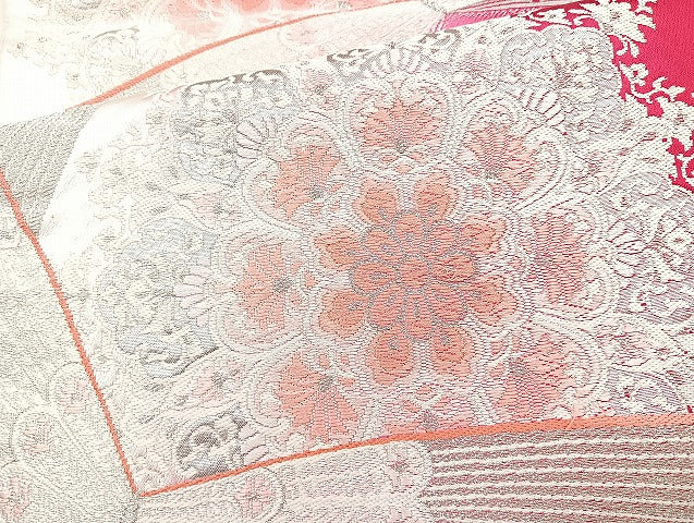 平和屋着物◎六通柄袋帯 唐織 正倉院花文 銀糸 正絹 逸品 BAAL4369cm