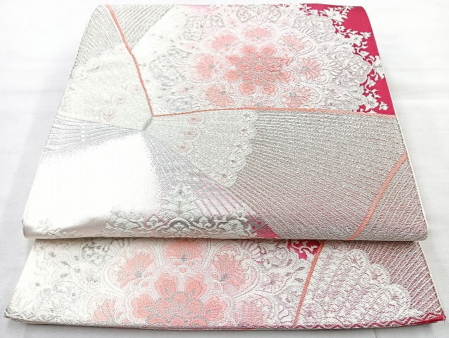 平和屋着物◎六通柄袋帯 唐織 正倉院花文 銀糸 正絹 逸品 BAAL4369cm