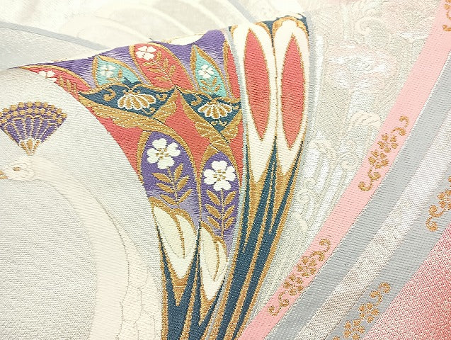 平和屋着物◎西陣 六通柄袋帯 唐織 孔雀花文 金銀糸 正絹 逸品 未仕立て BAAL4384cm