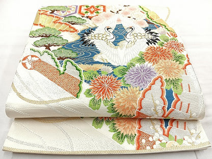 平和屋着物◎六通柄袋帯 唐織 桧扇向鶴紋 金銀糸 正絹 逸品 未仕立て BAAL4380cm