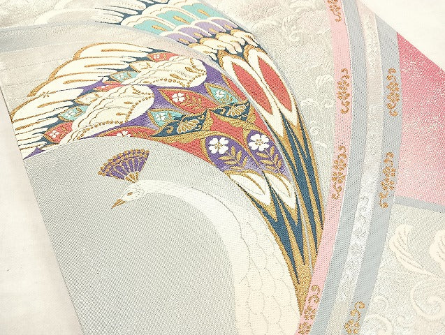 平和屋着物◎西陣 六通柄袋帯 唐織 孔雀花文 金銀糸 正絹 逸品 未仕立て BAAL4384cm