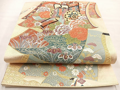 平和屋着物◎六通柄袋帯 唐織 御所車花文 金糸 正絹 逸品 BAAL6827cm