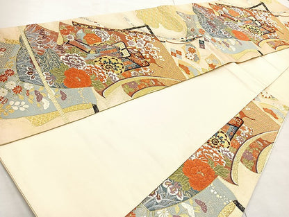 平和屋着物◎六通柄袋帯 唐織 御所車花文 金糸 正絹 逸品 BAAL6827cm
