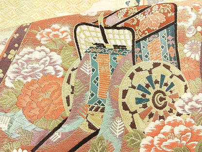 平和屋着物◎六通柄袋帯 唐織 御所車花文 金糸 正絹 逸品 BAAL6827cm
