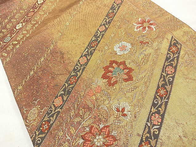 平和屋着物◎六通柄袋帯 唐織 更紗花文 金糸 引箔 正絹 逸品 BAAL6848cm