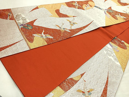 平和屋着物◎六通柄袋帯 唐織 飛鶴花文 金銀糸 正絹 逸品 BAAL6840cm