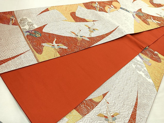 平和屋着物◎六通柄袋帯 唐織 飛鶴花文 金銀糸 正絹 逸品 BAAL6840cm