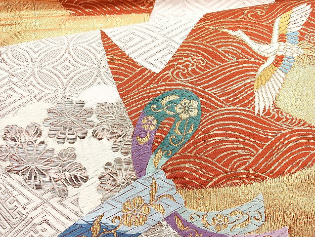 平和屋着物◎六通柄袋帯 唐織 飛鶴花文 金銀糸 正絹 逸品 BAAL6840cm
