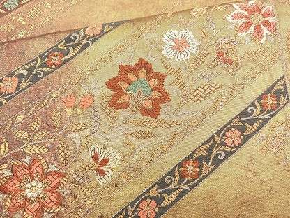 平和屋着物◎六通柄袋帯 唐織 更紗花文 金糸 引箔 正絹 逸品 BAAL6848cm