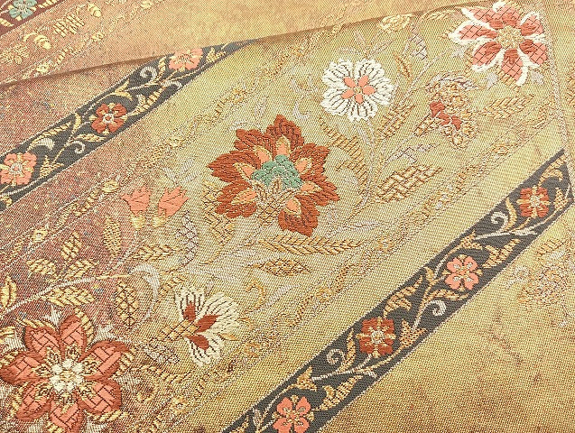 平和屋着物◎六通柄袋帯 唐織 更紗花文 金糸 引箔 正絹 逸品 BAAL6848cm
