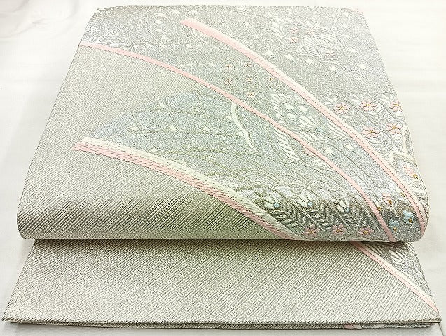 平和屋着物◎六通柄袋帯 唐織 孔雀羽文 銀糸 正絹 逸品 BAAL6843cm