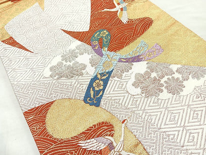 平和屋着物◎六通柄袋帯 唐織 飛鶴花文 金銀糸 正絹 逸品 BAAL6840cm