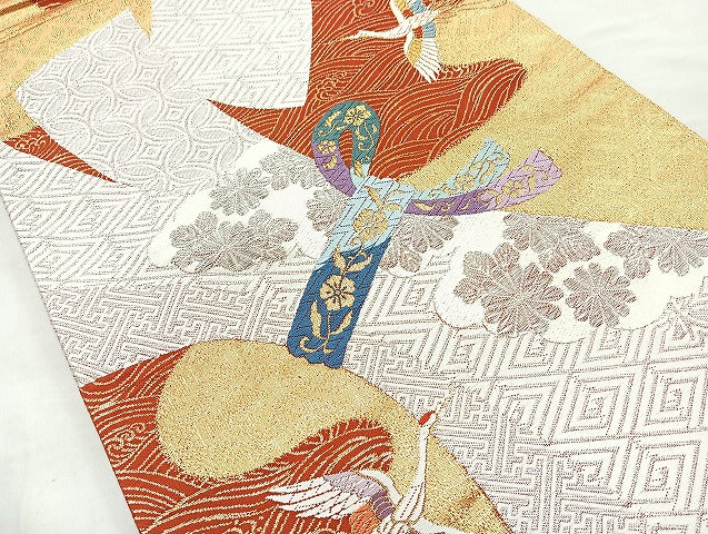 平和屋着物◎六通柄袋帯 唐織 飛鶴花文 金銀糸 正絹 逸品 BAAL6840cm