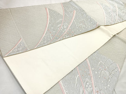 平和屋着物◎六通柄袋帯 唐織 孔雀羽文 銀糸 正絹 逸品 BAAL6843cm