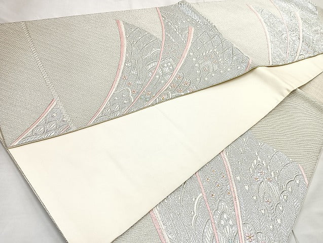 平和屋着物◎六通柄袋帯 唐織 孔雀羽文 銀糸 正絹 逸品 BAAL6843cm