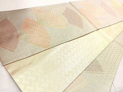 平和屋着物◎佐賀錦 六通柄袋帯 舞扇文 金糸 正絹 逸品 BAAL6841cm
