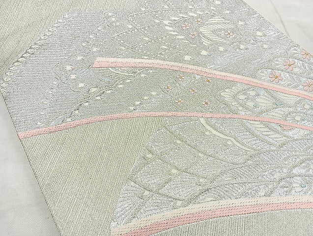 平和屋着物◎六通柄袋帯 唐織 孔雀羽文 銀糸 正絹 逸品 BAAL6843cm