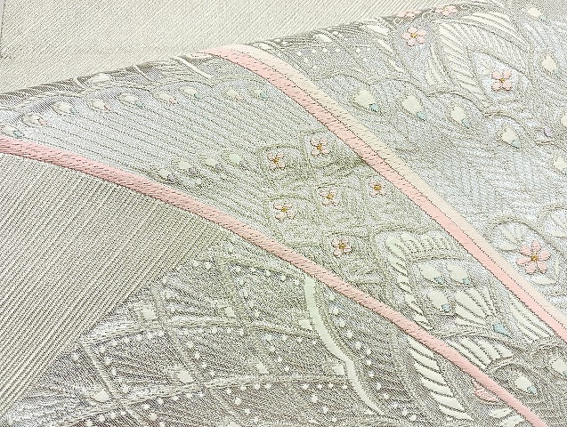 平和屋着物◎六通柄袋帯 唐織 孔雀羽文 銀糸 正絹 逸品 BAAL6843cm
