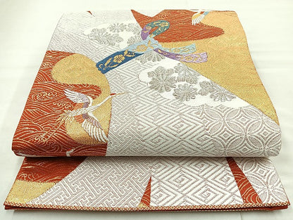 平和屋着物◎六通柄袋帯 唐織 飛鶴花文 金銀糸 正絹 逸品 BAAL6840cm