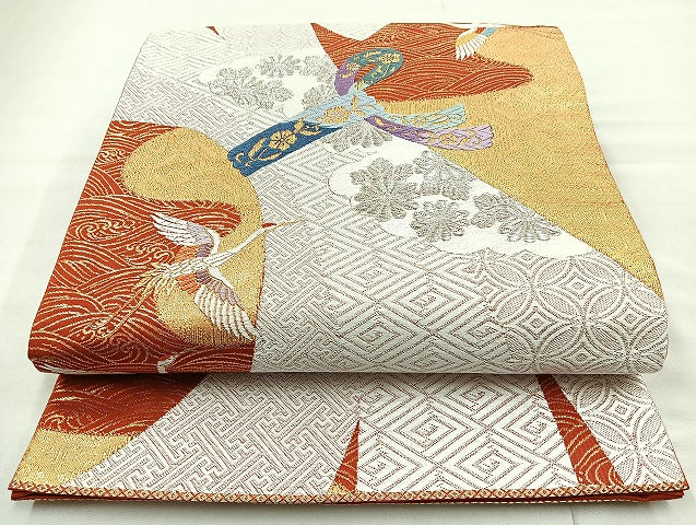 平和屋着物◎六通柄袋帯 唐織 飛鶴花文 金銀糸 正絹 逸品 BAAL6840cm
