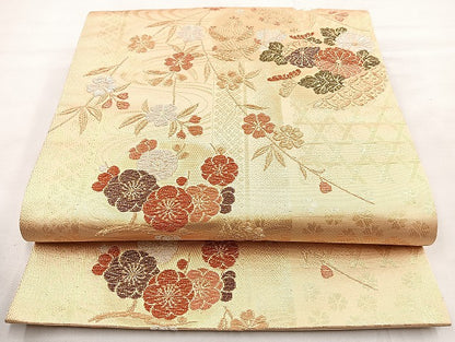平和屋着物◎六通柄袋帯 流水草花文 金銀糸 正絹 逸品 BAAL6856cm