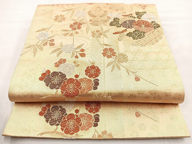 平和屋着物◎六通柄袋帯 流水草花文 金銀糸 正絹 逸品 BAAL6856cm