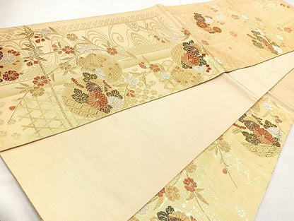 平和屋着物◎六通柄袋帯 流水草花文 金銀糸 正絹 逸品 BAAL6856cm